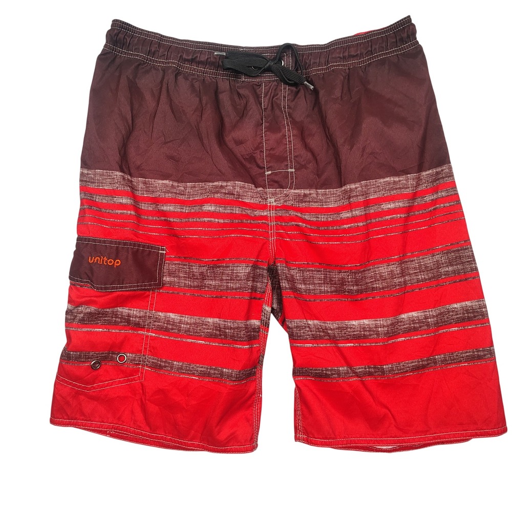 Unitop Board Shorts Mens 34 Red Burgundy Striped Cargo Pocket Polyester